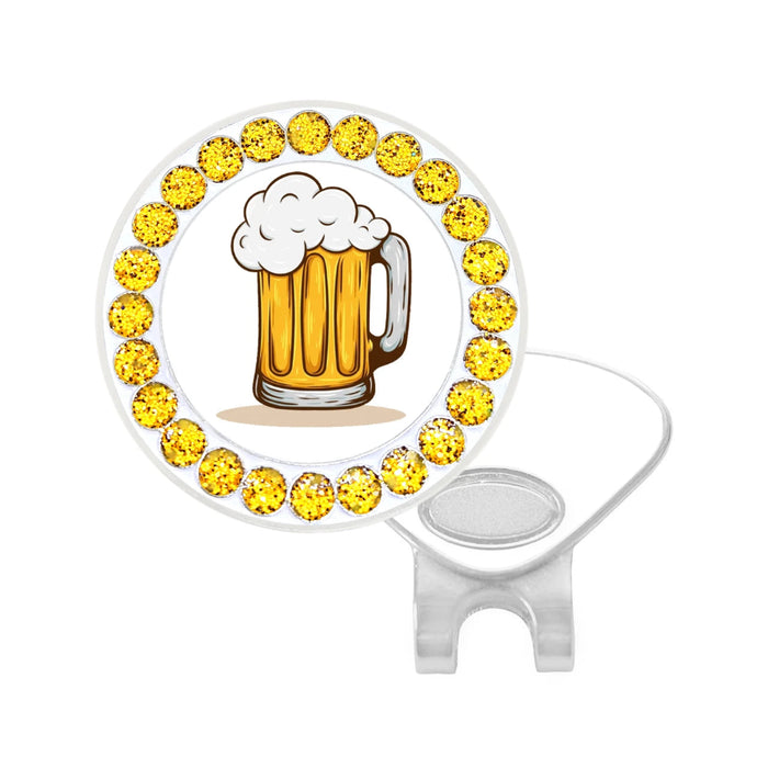 BALL MARKER OF BEER MUG WITH GLITZY GOLD EDGES INCLUDES HAT CLIP