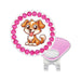 Circular badge with a cartoon dog and pink gemstones on a white background