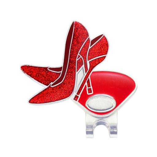 Red glittery shoe design with a magnetic clip on a white background
