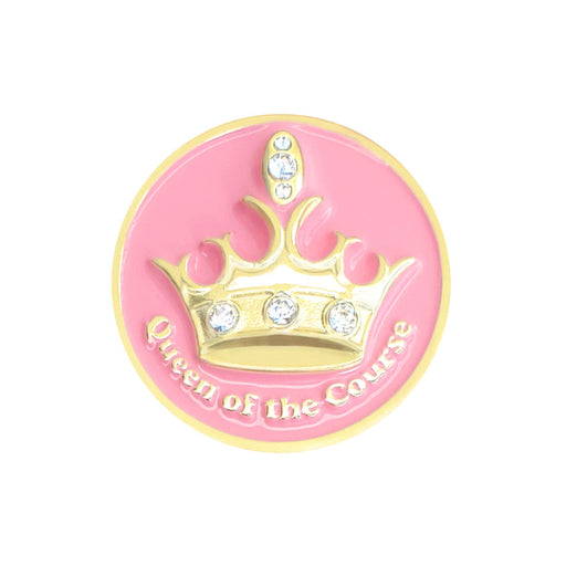 Pink and gold badge with a crown design and 'Queen of the Course' text on a white background
