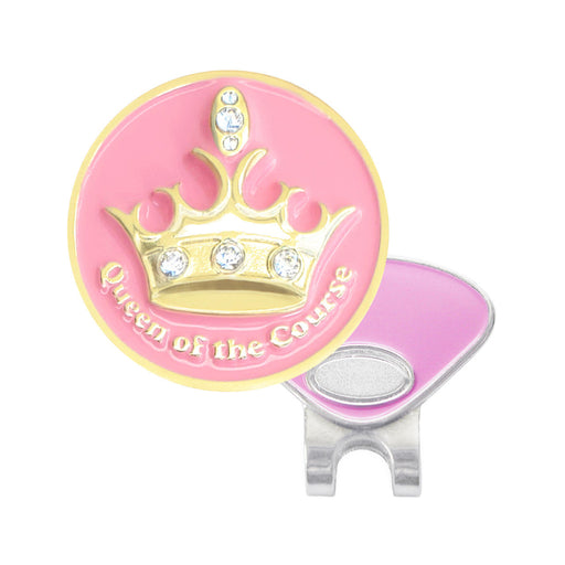 Pink and gold golf ball marker with 'Queen of the Course' text on a white background