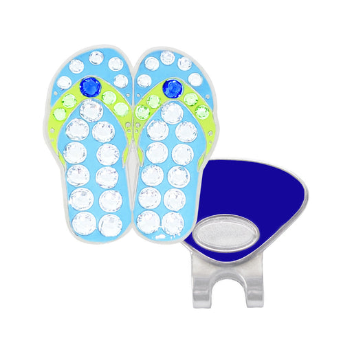 Flip-flop design with blue gemstones and a magnetic ball marker on a white background