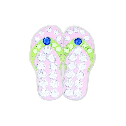 Pink flip-flop sandals with rhinestones and green soles on a white background