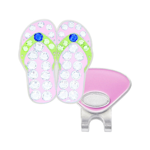 Pink flip-flop-shaped golf ball marker with crystals and a magnetic clip on a white background