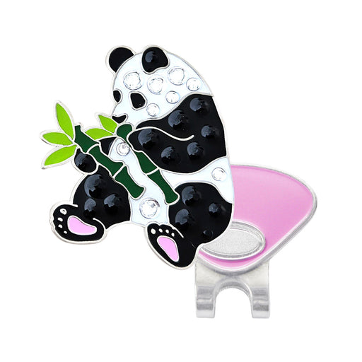 Panda-themed hat clip with pink base on a white background