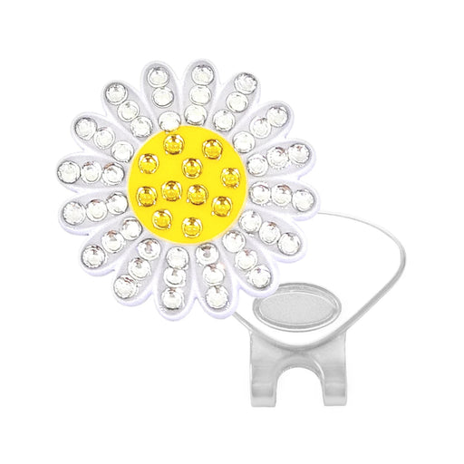 A sunflower hat clip a bright yellow center, clear swarovski petals, and a silver metal clip, shown on a plain white background
