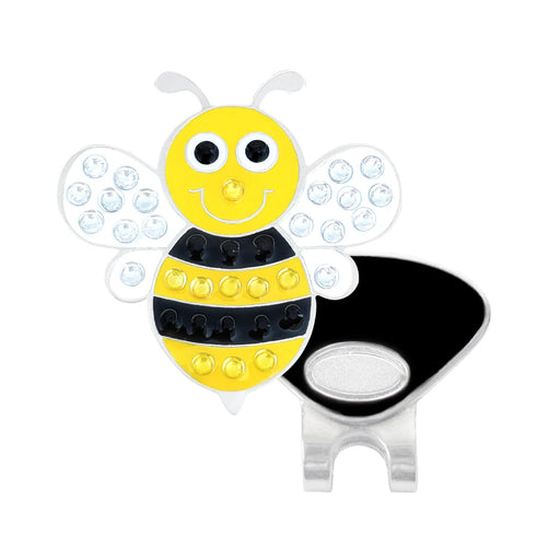 A golf ball marker shaped like a cartoon bee, featuring a yellow and black striped body with rhinestone-embellished wings and a black magnetic clip on a silver base, shown against a plain white background.