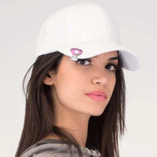 Pink ball marker with Hole in one in martini glass includes hat clip